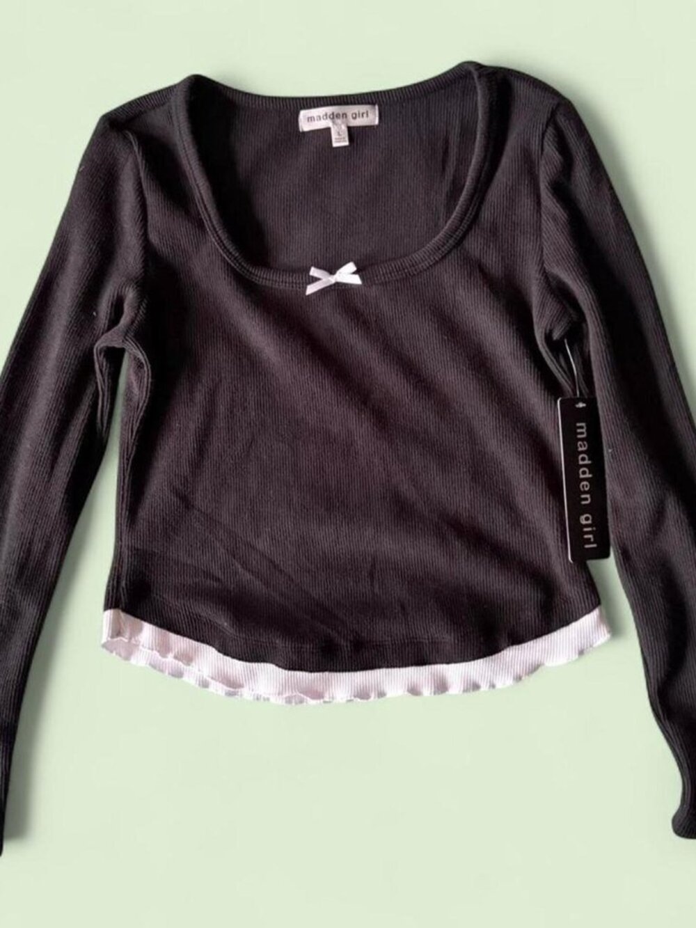 Madden Girl grey long sleeve top with white bow detail